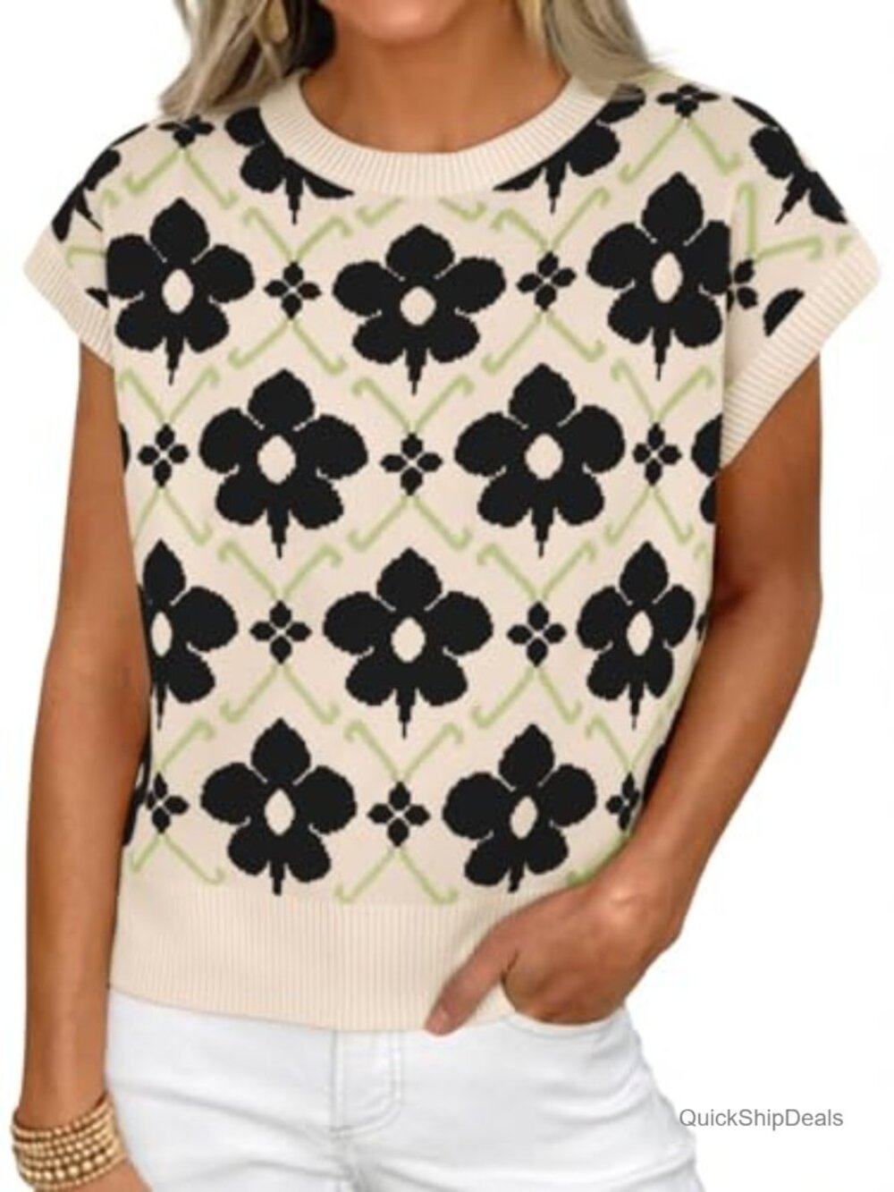 Cap Sleeve Floral Jacquard Sweater Vest Crew Neck Knit Summer